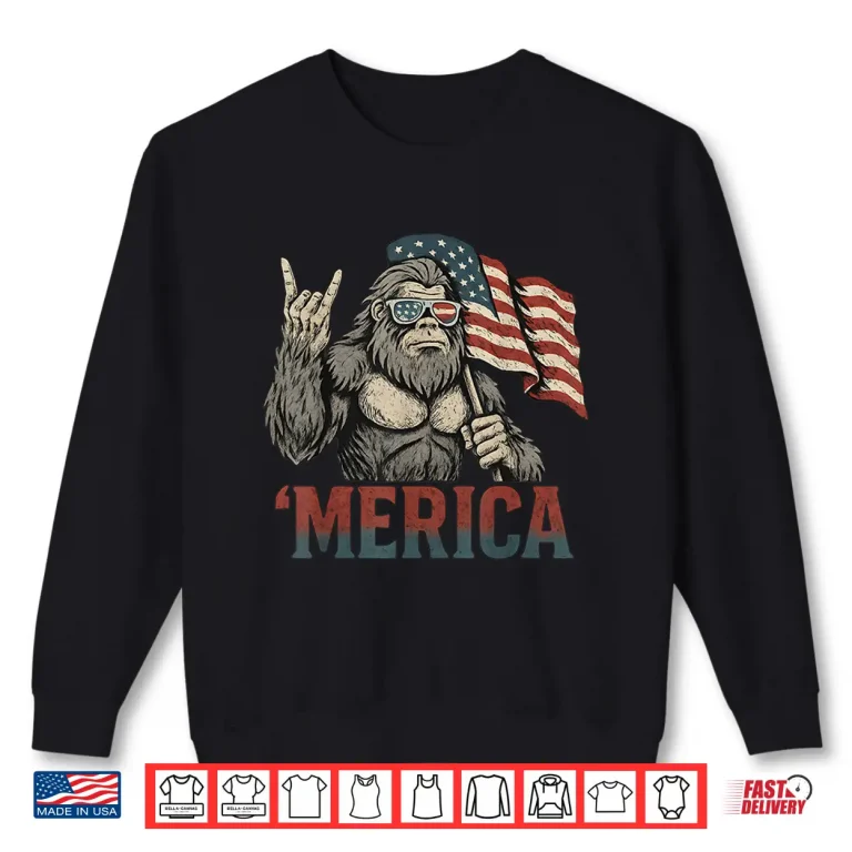 Sweatshirt Bigfoot Merica Rock American Flag Patriotic USA 4th Of July Shirt