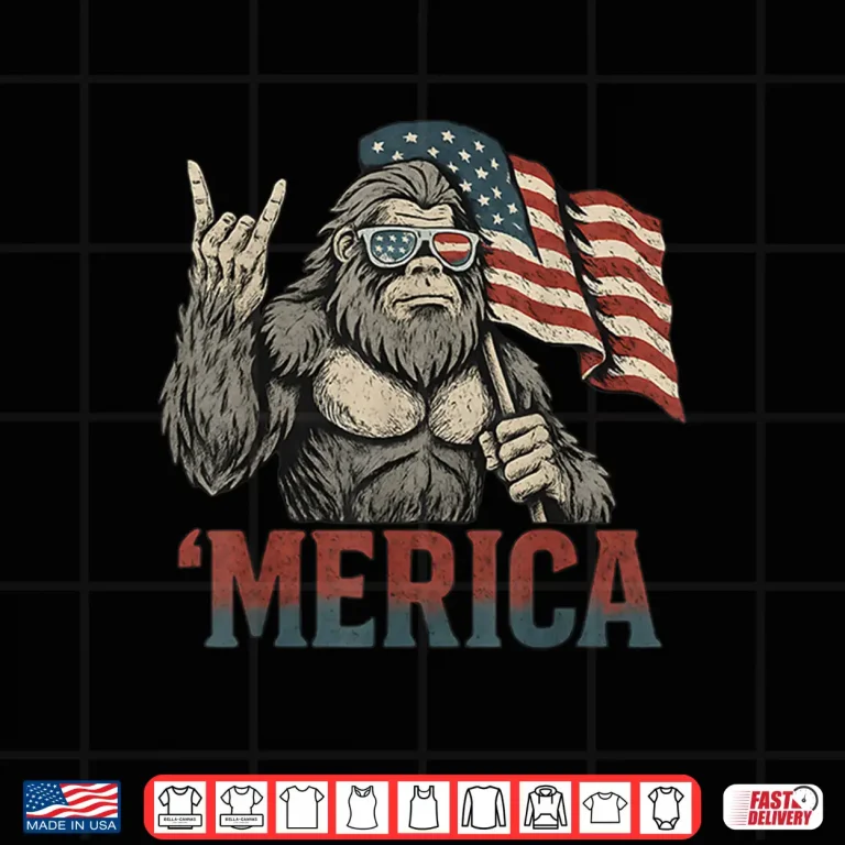 Design Bigfoot Merica Rock American Flag Patriotic USA 4th Of July Shirt
