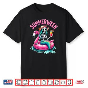 Summerween Mermaid Skeleton Beach Flamingo Halloween Girl Shirt