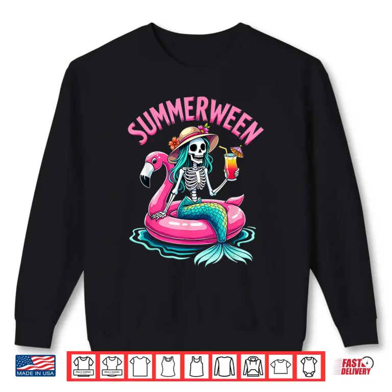 Sweatshirt Summerween Mermaid Skeleton Beach Flamingo Halloween Girl Shirt 1