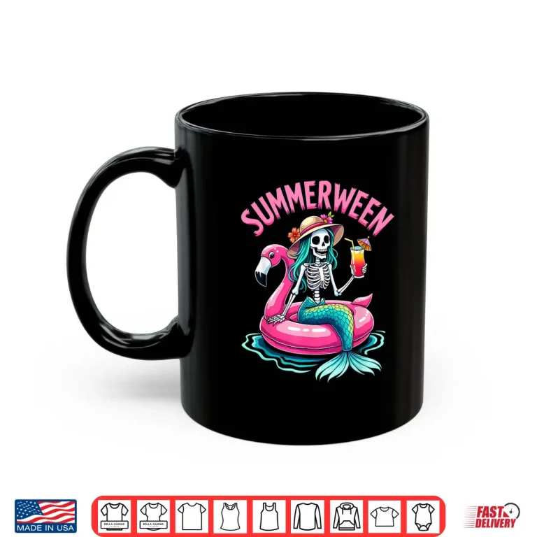 Mug Summerween Mermaid Skeleton Beach Flamingo Halloween Girl Shirt 1