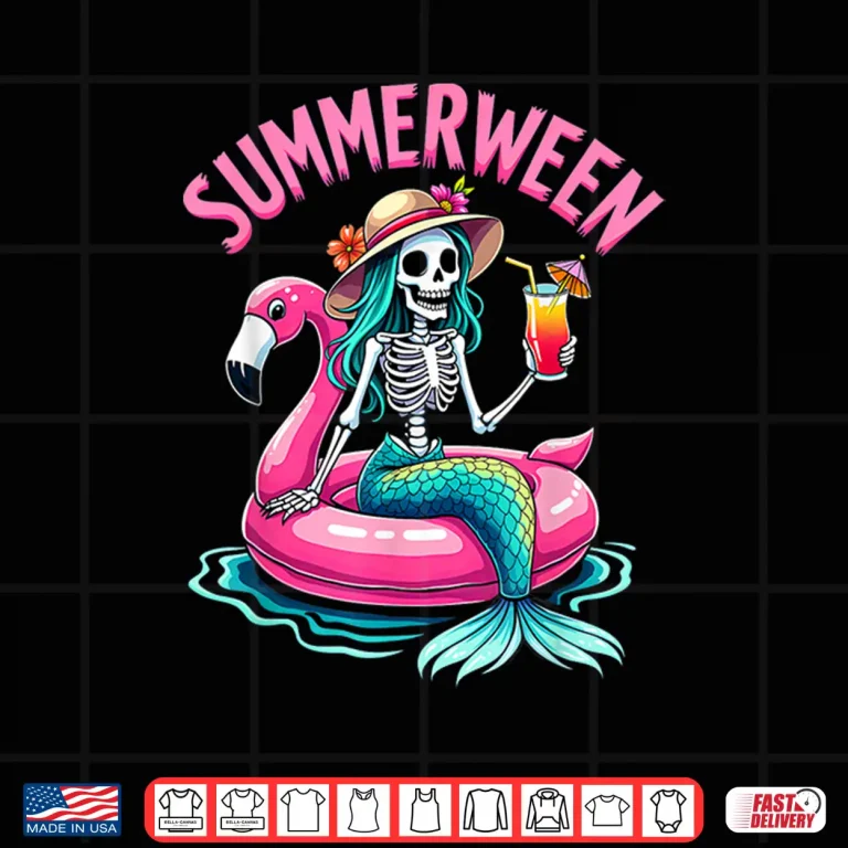 Design Summerween Mermaid Skeleton Beach Flamingo Halloween Girl Shirt 1