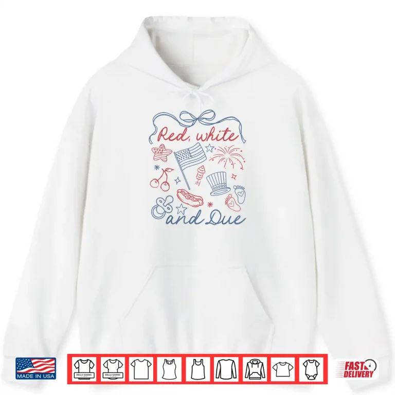Hoodie Coquette Bow Red White And Due 4th Of July Pregnancy Reveal Shirt 1