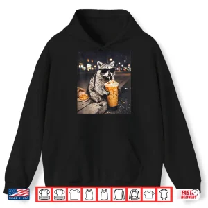 Hoodie Cool Raccoon Drinking Iced Coffee Animal Meme Graphic Shirt 1