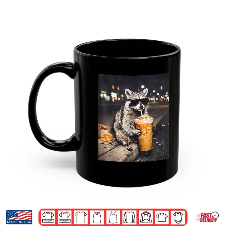 Mug Cool Raccoon Drinking Iced Coffee Animal Meme Graphic Shirt 1