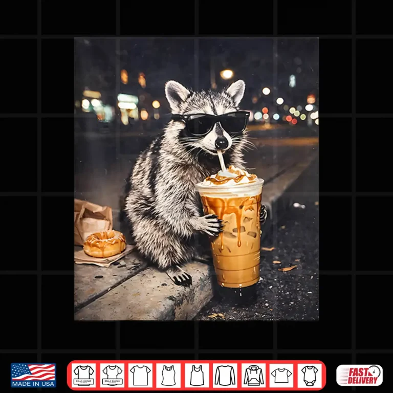Design Cool Raccoon Drinking Iced Coffee Animal Meme Graphic Shirt 1