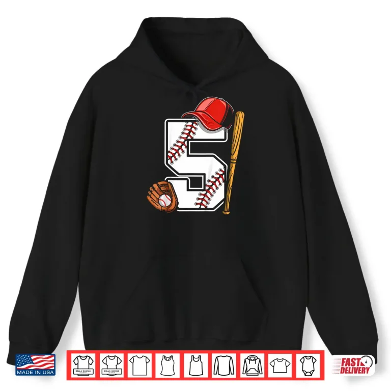 Hoodie Kids Birthday Boy 5 five Baseball 5th Birthday Baseball Player Shirt 1