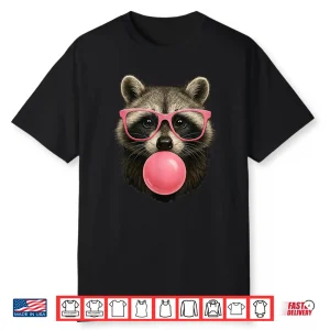 Black-T-Shirt-Cool Raccoon Face Eating Gum And Makes A Bubble Cute Raccoon Shirt