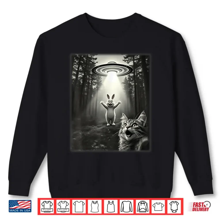 Sweatshirt Funny Cat Taking Selfie UFO Easter Bunny Shirt 1