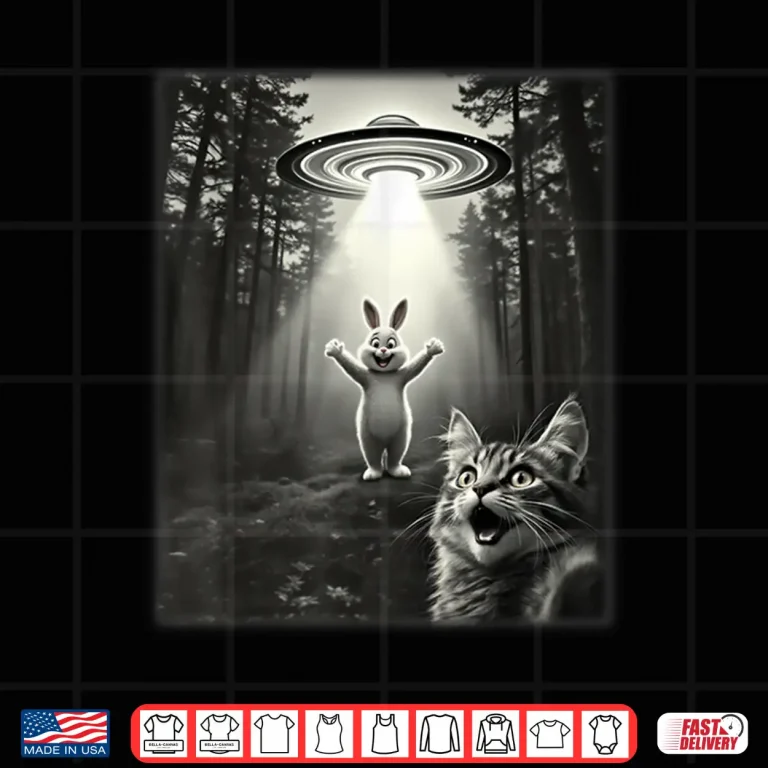 Design Funny Cat Taking Selfie UFO Easter Bunny Shirt 1