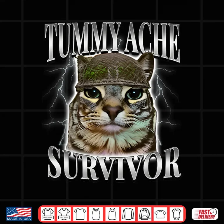 Design Tummy Ache Survivor Cat Meme Funny Saying Cats Animals Shirt 1