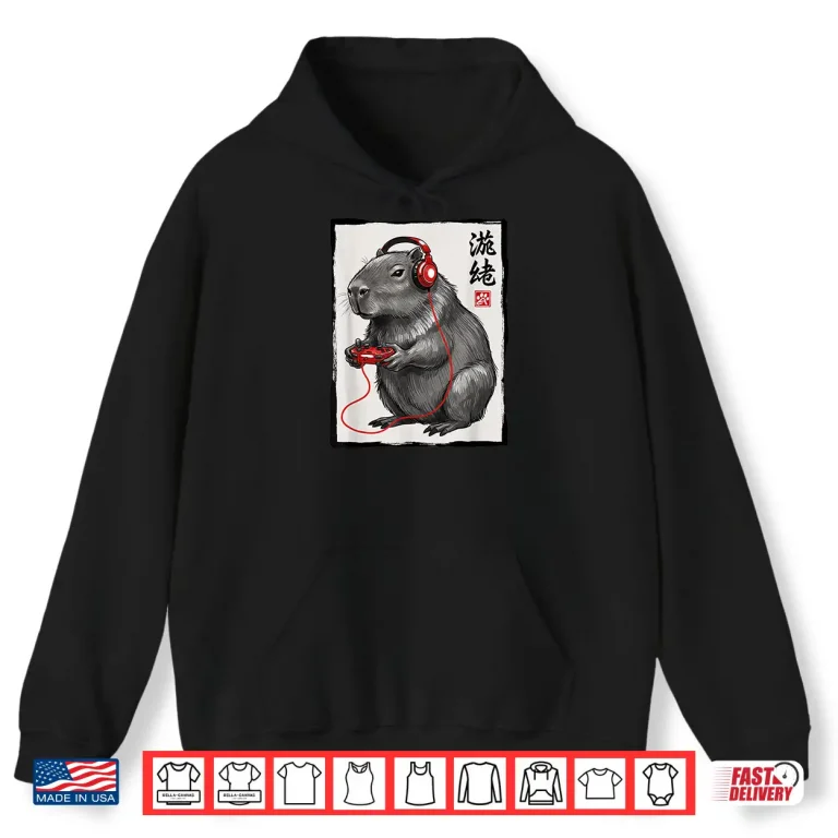 Hoodie Capybara Gamer With Headphones Japanese Kanji Kids Gaming Shirt 1