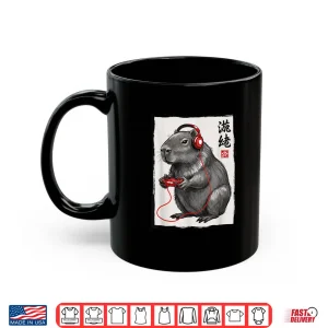 Mug Capybara Gamer With Headphones Japanese Kanji Kids Gaming Shirt 1