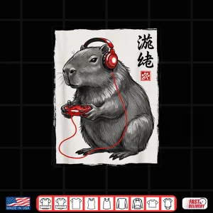Design Capybara Gamer With Headphones Japanese Kanji Kids Gaming Shirt 1