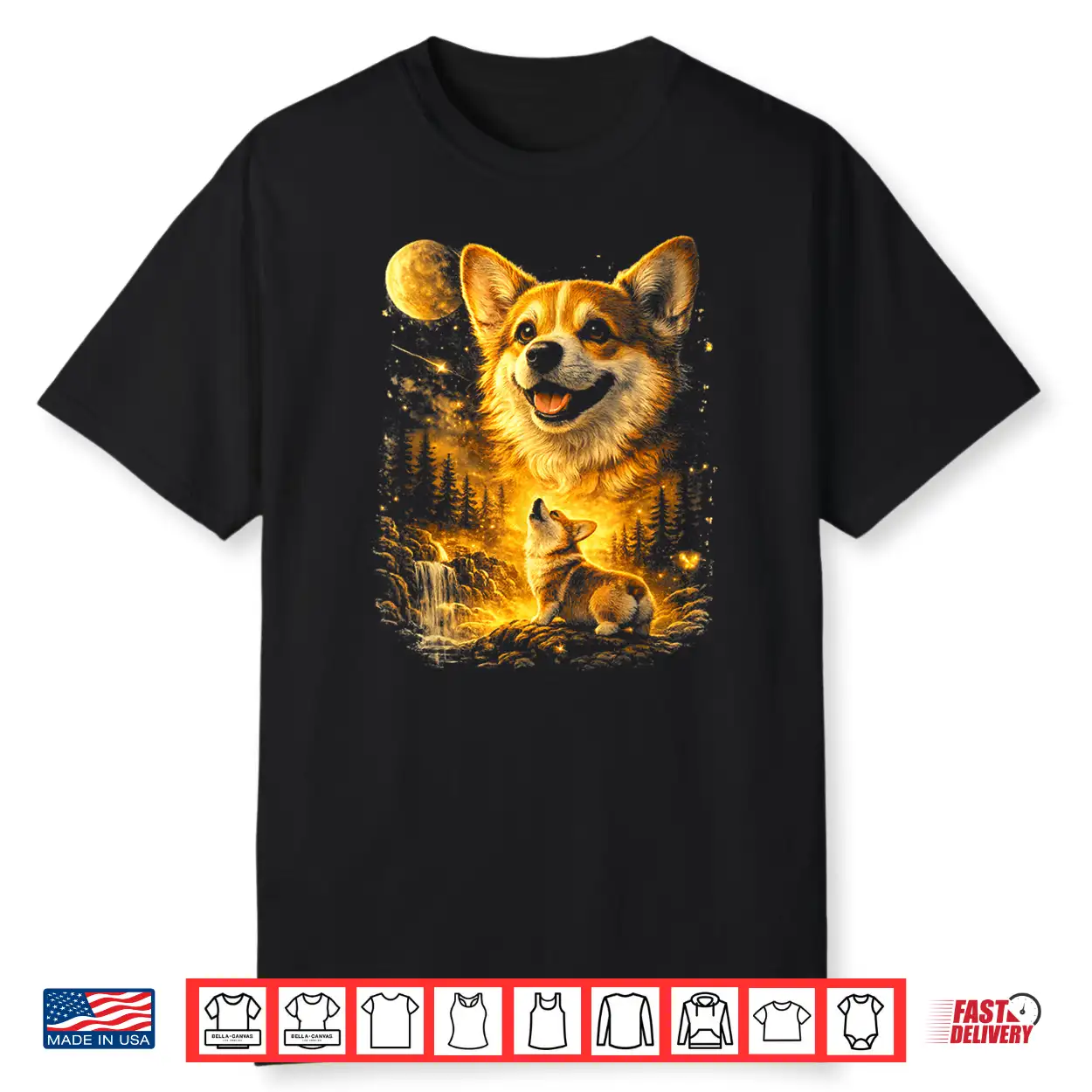 Funny Corgi Howling At The Moon Vintage Mystical Dog Art Shirt