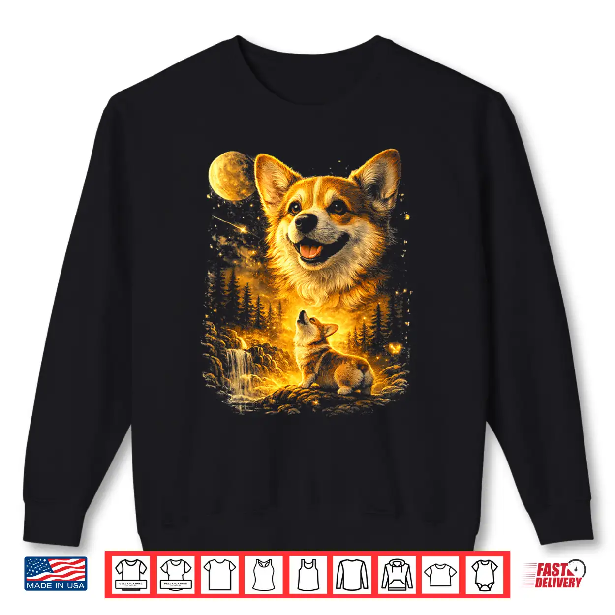 Funny Corgi Howling At The Moon Vintage Mystical Dog Art Shirt