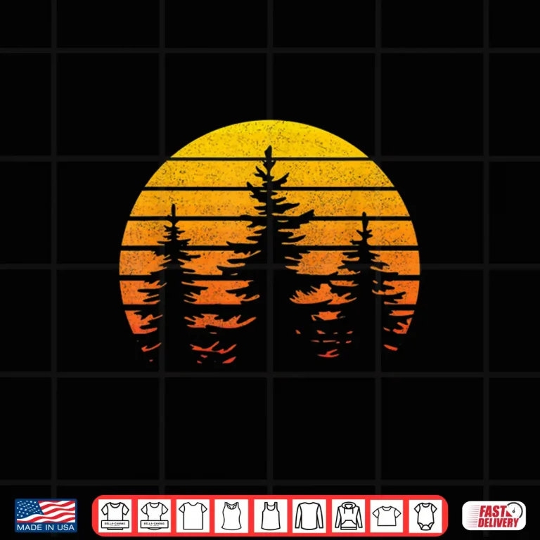 Design Vintage Retro Sun Sunset Pine Tree Hiking Camping Shirt