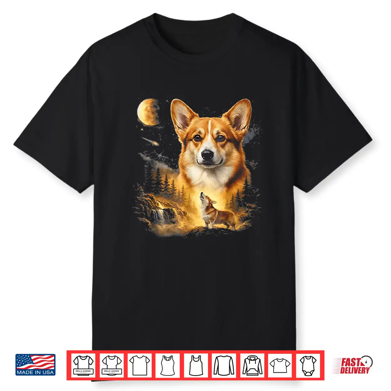 Corgi Howling At The Moon Vintage 90S Retro Style Graphic Shirt