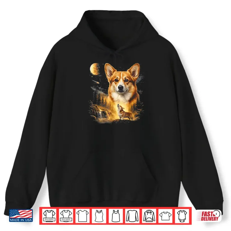 Hoodie Corgi Howling At The Moon Vintage 90S Retro Style Graphic Shirt