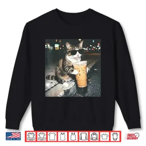 Sweatshirt Funny Cat Drinking Iced Coffee Funny Cat Lover Animal Meme Shirt