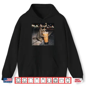 Hoodie Cat Drinking Iced Coffee Funny Animal Meme Men Women Shirt