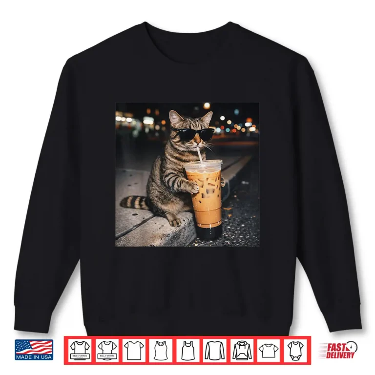Sweatshirt Cat Drinking Iced Coffee Funny Animal Meme Men Women Shirt