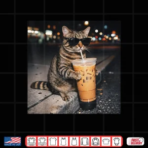 Design Cat Drinking Iced Coffee Funny Animal Meme Men Women Shirt