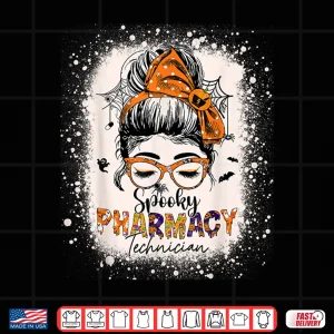 Design Spooky Pharmacy Tech Womens Halloween Messy Bun Pharmacist Shirt