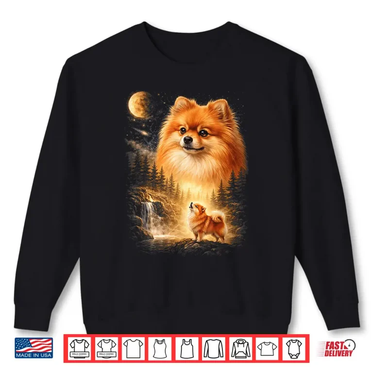 Sweatshirt Pomeranian Howling To The Moon Vintage Mystical Dog Art Shirt
