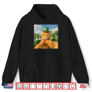 Hoodie Funny St PatrickS Day Cat Selfie With Leprechaun Shirt