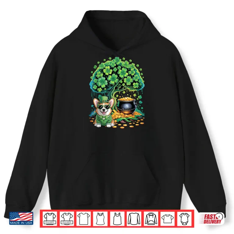 Hoodie Funny Shamrock Tree Leprechaun Hat Corgi Dog St Patricks Day Shirt