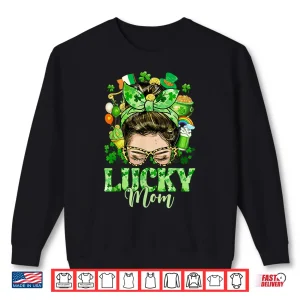 Sweatshirt Messy Bun Hair Lucky Mom Shamrocks St PatrickS Day Women Shirt