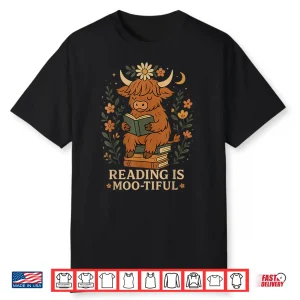 Cute Highland Cow Reading For Book Lover Teachers Librarians Shirt