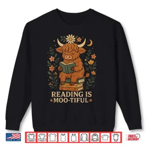 Sweatshirt Cute Highland Cow Reading For Book Lover Teachers Librarians Shirt