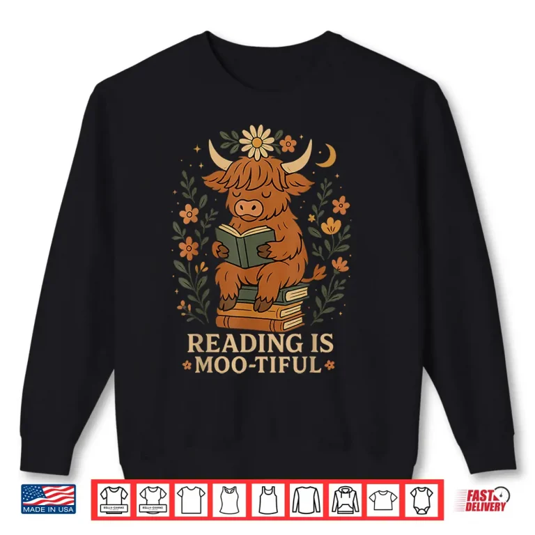 Sweatshirt Cute Highland Cow Reading For Book Lover Teachers Librarians Shirt
