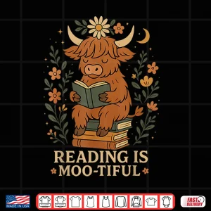 Design Cute Highland Cow Reading For Book Lover Teachers Librarians Shirt