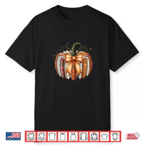 Vintage Bow Book Pumpkin Autumn Fall Librarians Girls Womens Shirt