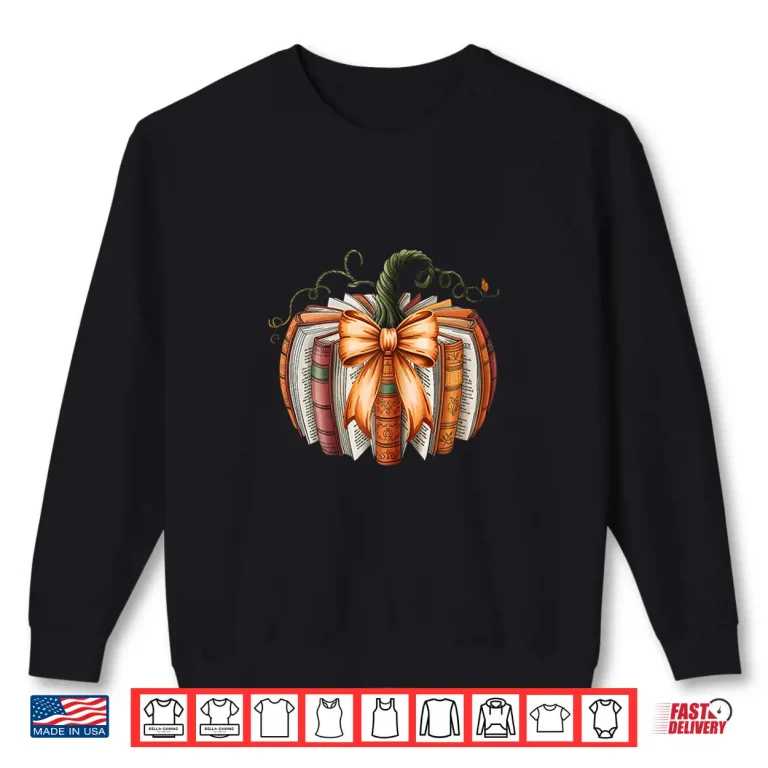Sweatshirt Vintage Bow Book Pumpkin Autumn Fall Librarians Girls Womens Shirt