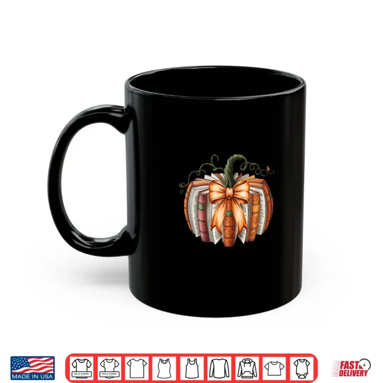 Mug Vintage Bow Book Pumpkin Autumn Fall Librarians Girls Womens Shirt