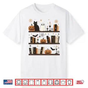 Cozy Halloween Bookshelf Ghost Pumpkin Bookish Book Lovers Shirt
