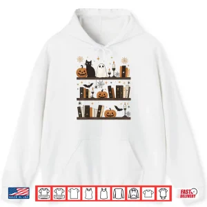 Hoodie Cozy Halloween Bookshelf Ghost Pumpkin Bookish Book Lovers Shirt