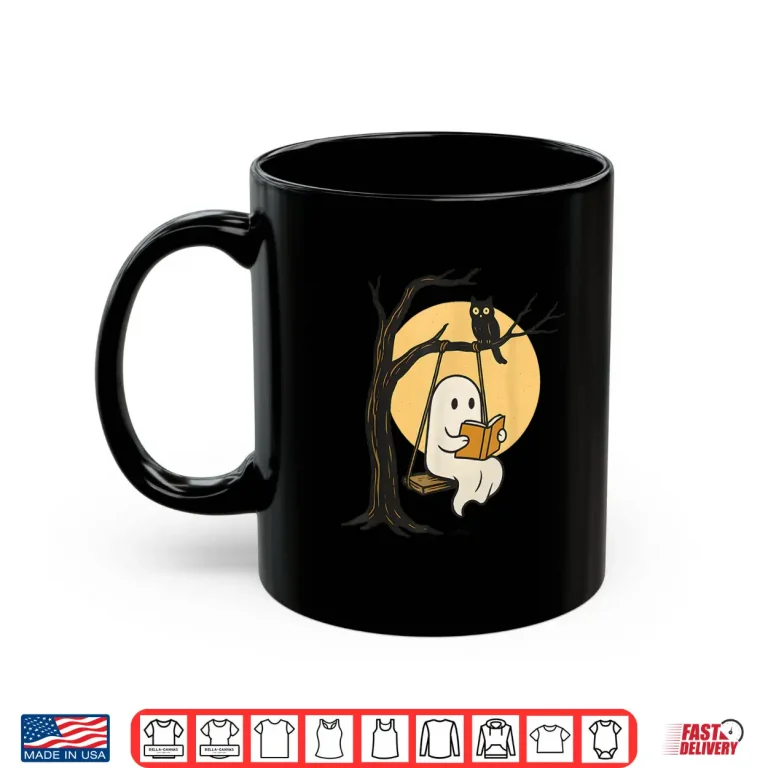 Mug Cute Ghost Reading Halloween Book Lovers Librarians Teachers Shirt