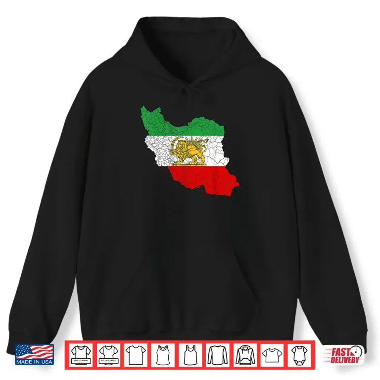 Hoodie Iran Map With Lion And Sun Emblem Vintage Persian Heritage Shirt