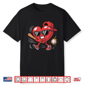 Valentines Day Heart Playing Baseball Boys Men Kids Girls Shirt