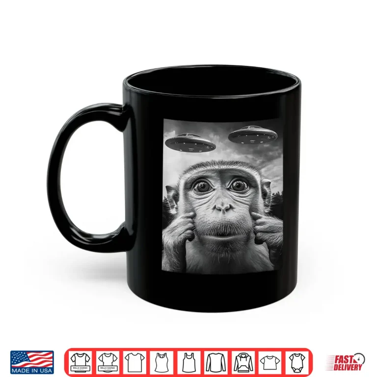 Mug Funny Animal Monkey Selfie With UFOs Alien Graphic Shirt 1