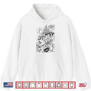 Hoodie Engine Drawing Engineer Works Blocks And Mechanic Car Engine Shirt