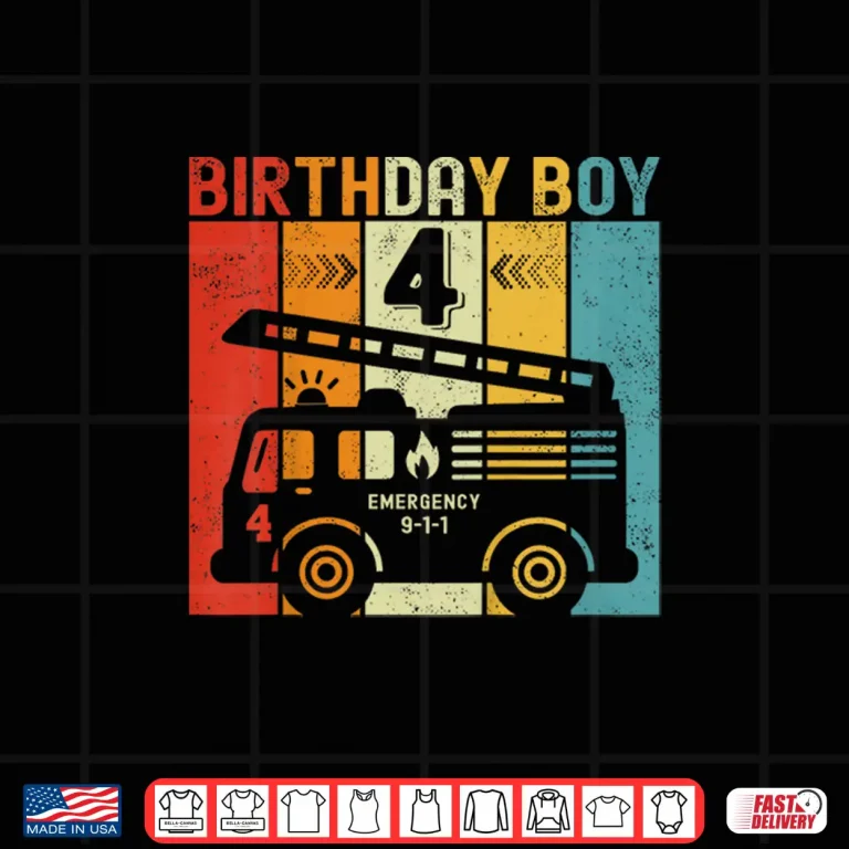 Design Kids 4Th Birthday Boy Firefighter 4 Year Old Fire Truck Shirt