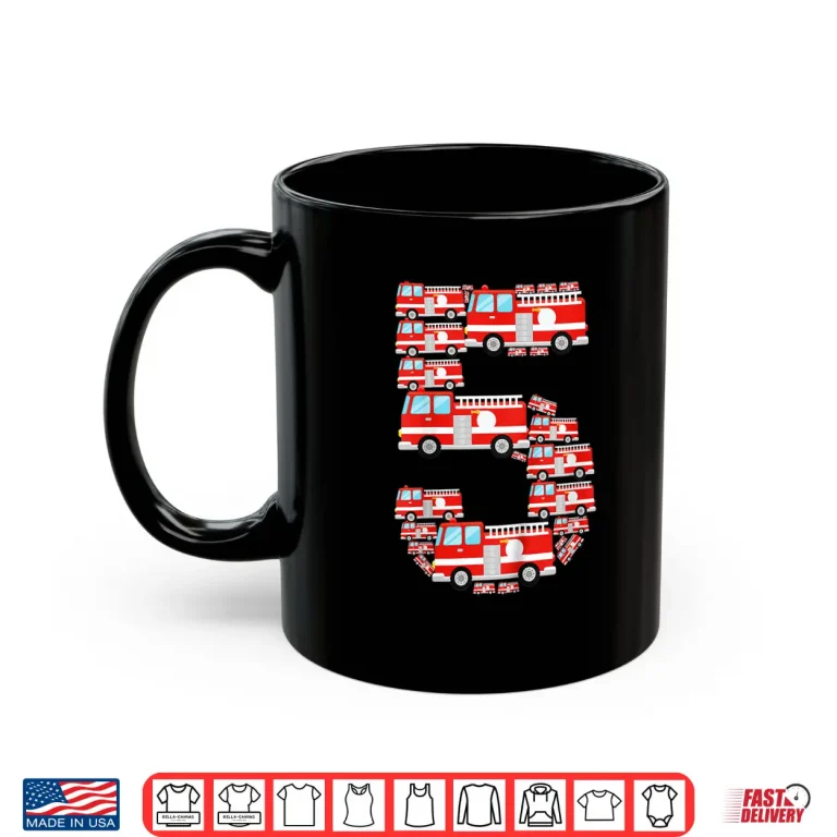 Mug Kids Fire Truck 5Th Birthday Boy 5 Year Old Firefighter Shirt