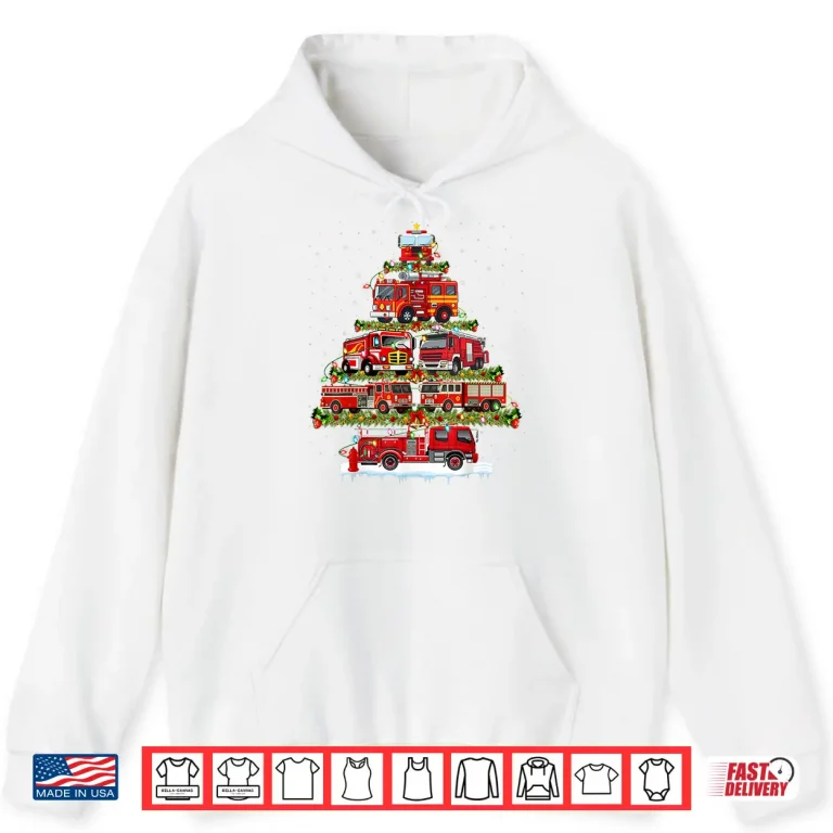 Hoodie Fire Truck Xmas Lights Firefighter Fire Truck Christmas Tree Shirt