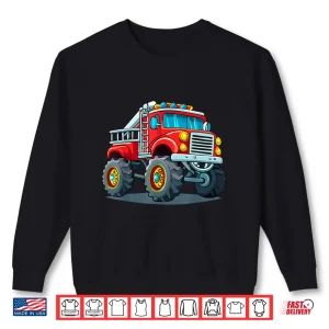 Sweatshirt Fire Truck With Monster Truck Wheels Firefighter Vehicle Shirt
